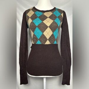 COSTA BLANCA Y2K Preppy Argyle Academia Long Sleeve Top Size M